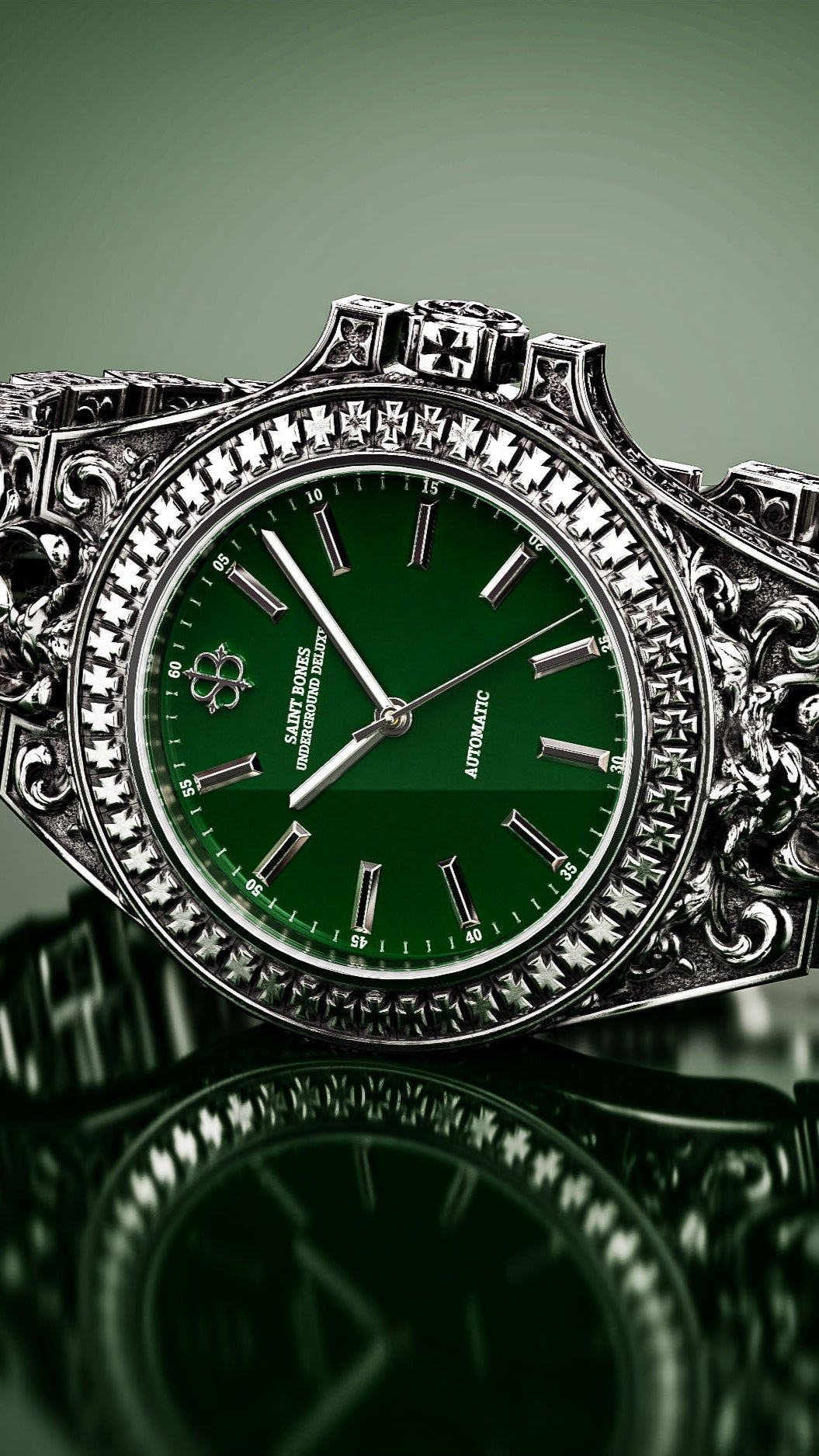 Decorative wristwatch with green face and silver metal band on a reflective surface with a green background
