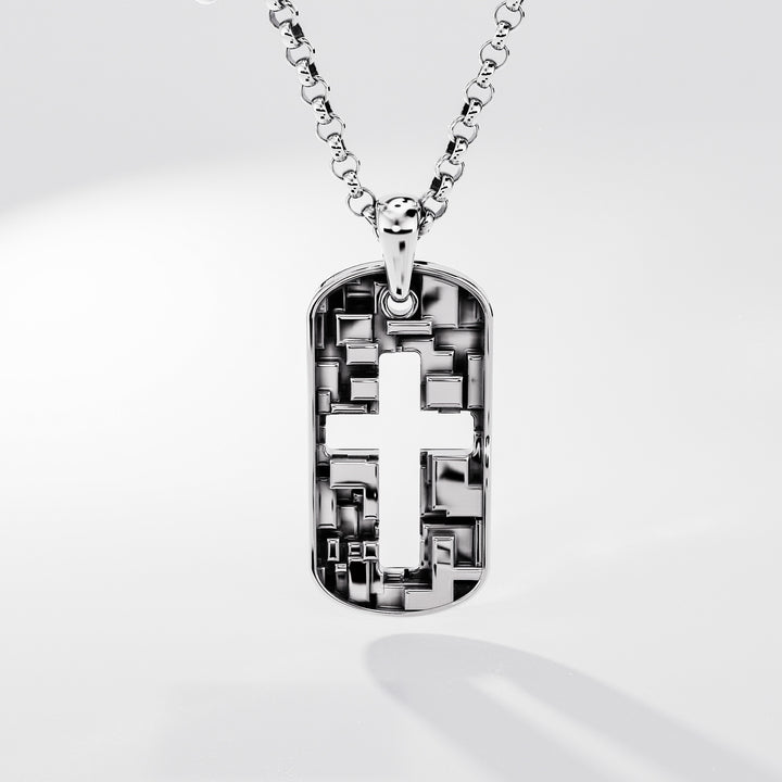 PIxel Cross Tag in Sterling Silver