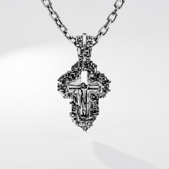 Pixel Crucifix Pendant in Sterling Silver