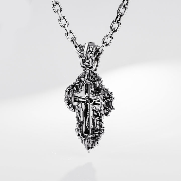 Pixel Crucifix Pendant in Sterling Silver