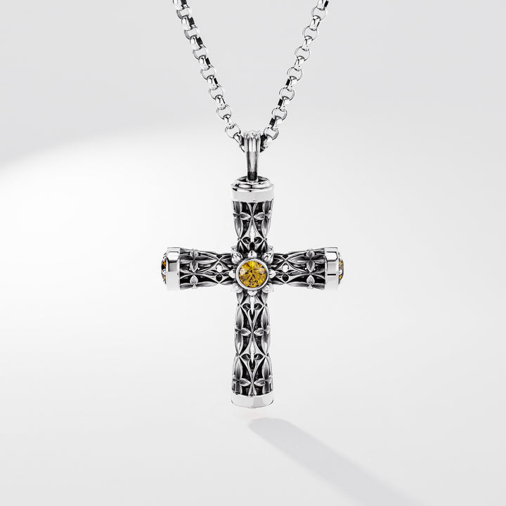 Leger Cross Pendant 60 mm in Sterling Silver with Sapphire