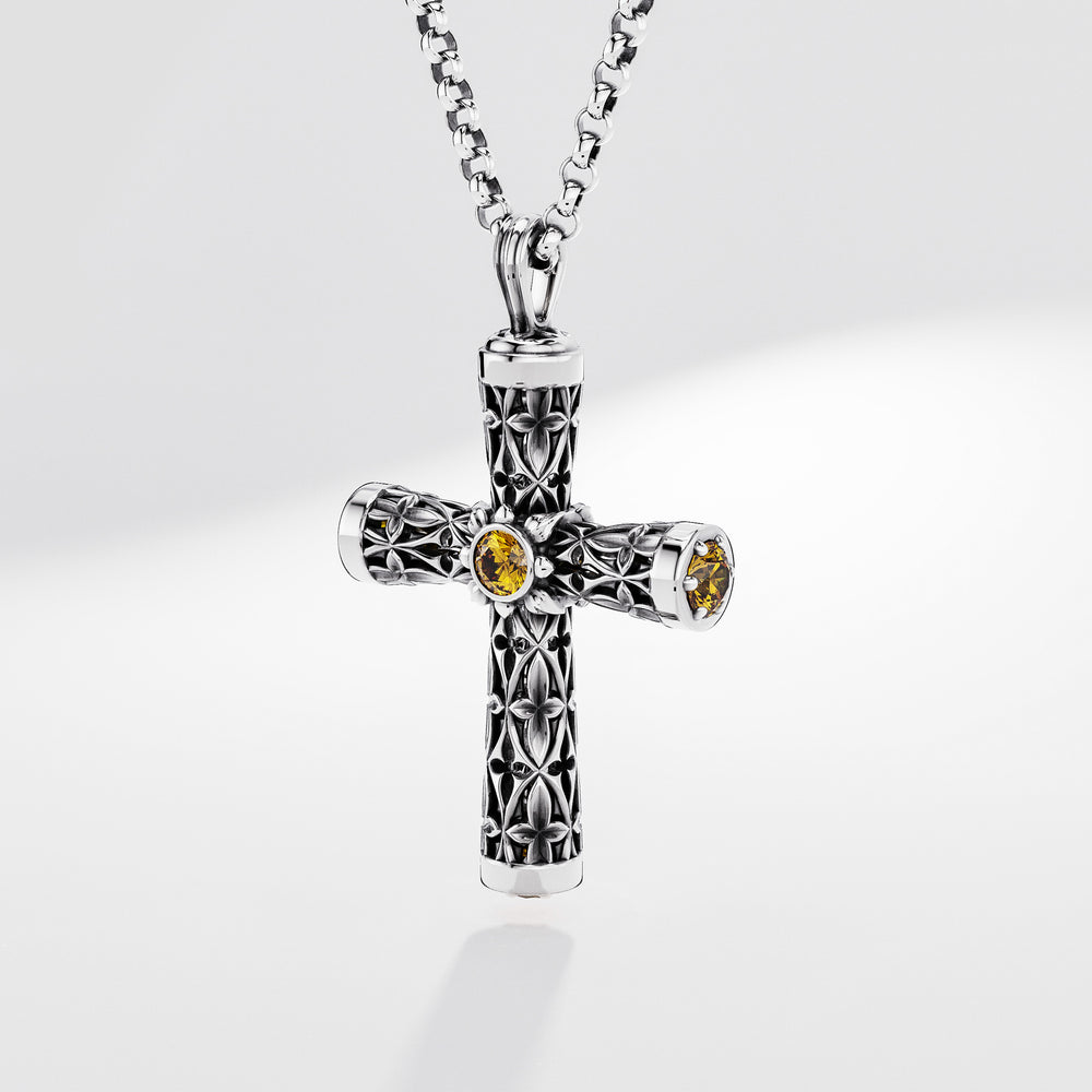 Leger Cross Pendant 60 mm in Sterling Silver with Sapphire