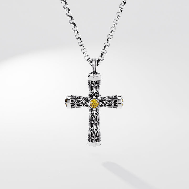 Leger Cross Pendant 45 mm in Sterling Silver with Sapphires