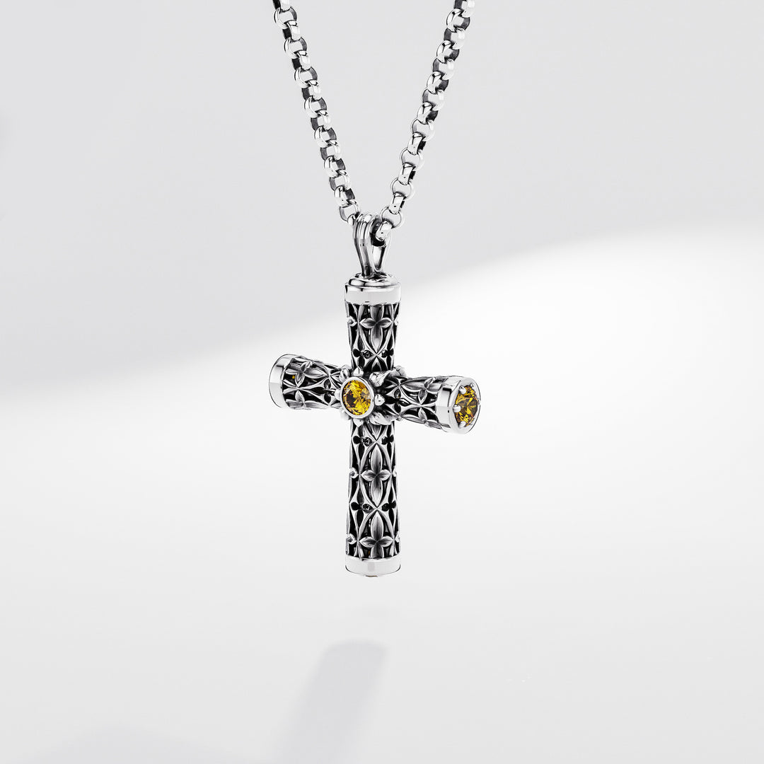 Leger Cross Pendant 45 mm in Sterling Silver with Sapphires