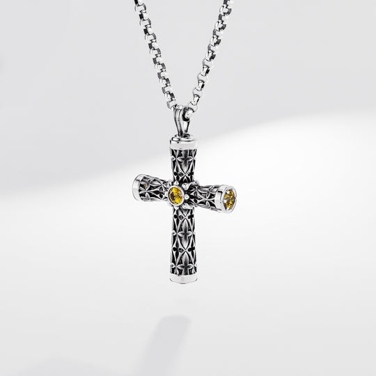 Leger Cross Pendant 45 mm in Sterling Silver with Sapphires