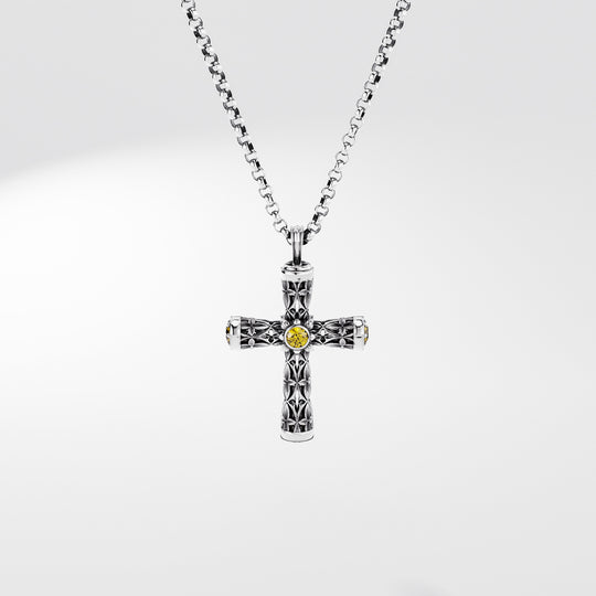 Leger Cross Pendant 30 mm in Sterling Silver with Sapphires