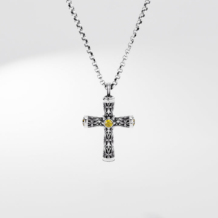 Leger Cross Pendant 30 mm in Sterling Silver with Sapphires