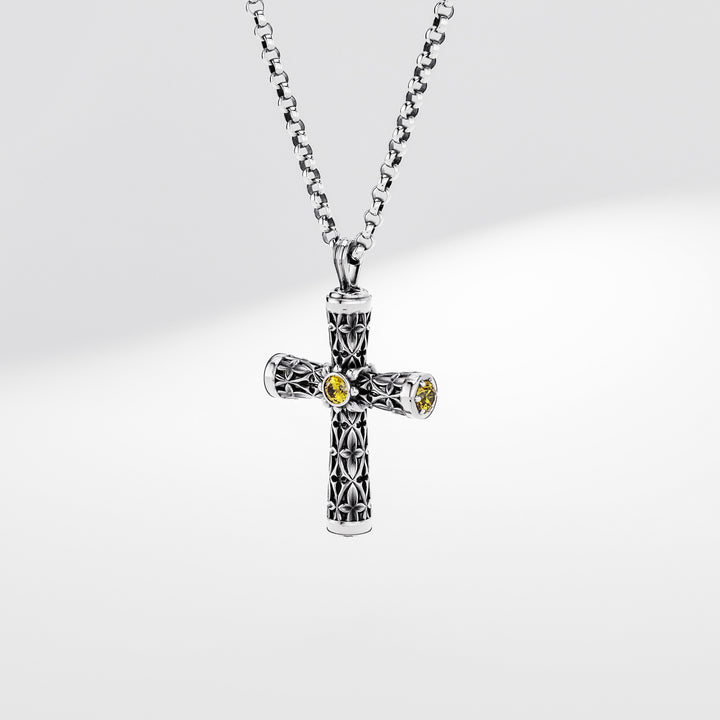 Leger Cross Pendant 30 mm in Sterling Silver with Sapphires