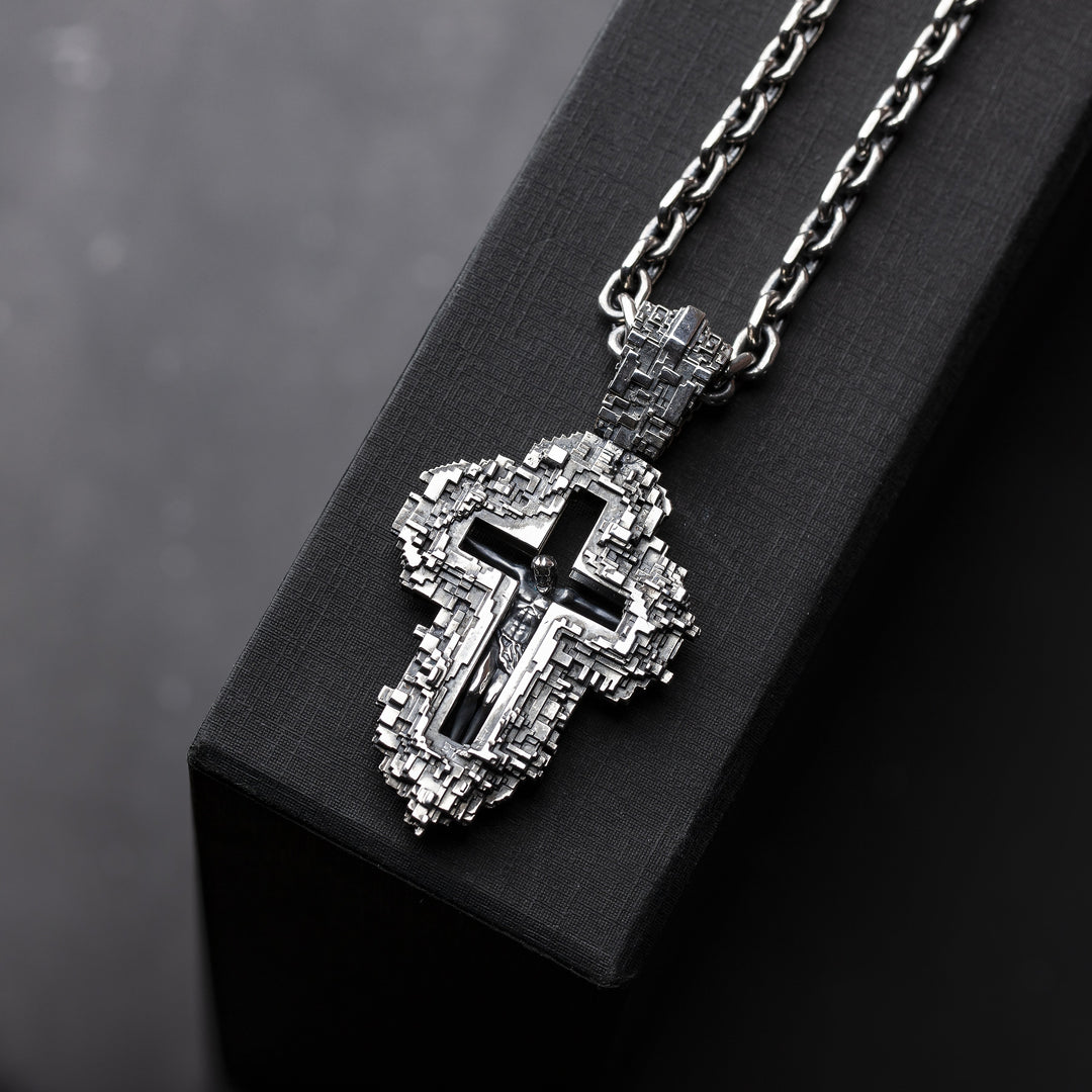 Pixel Crucifix Pendant in Sterling Silver